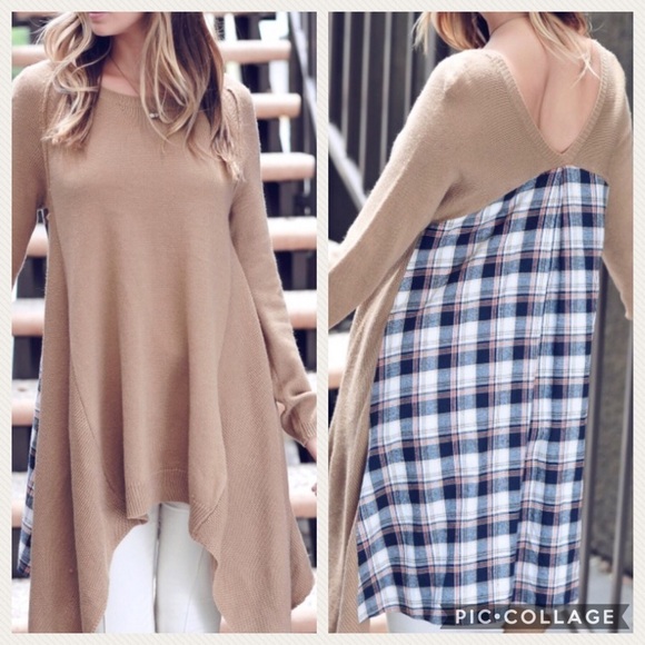 SALE!! 1 Left!!! Taupe Asymmetrical Top w/Plaid - Picture 1 of 3